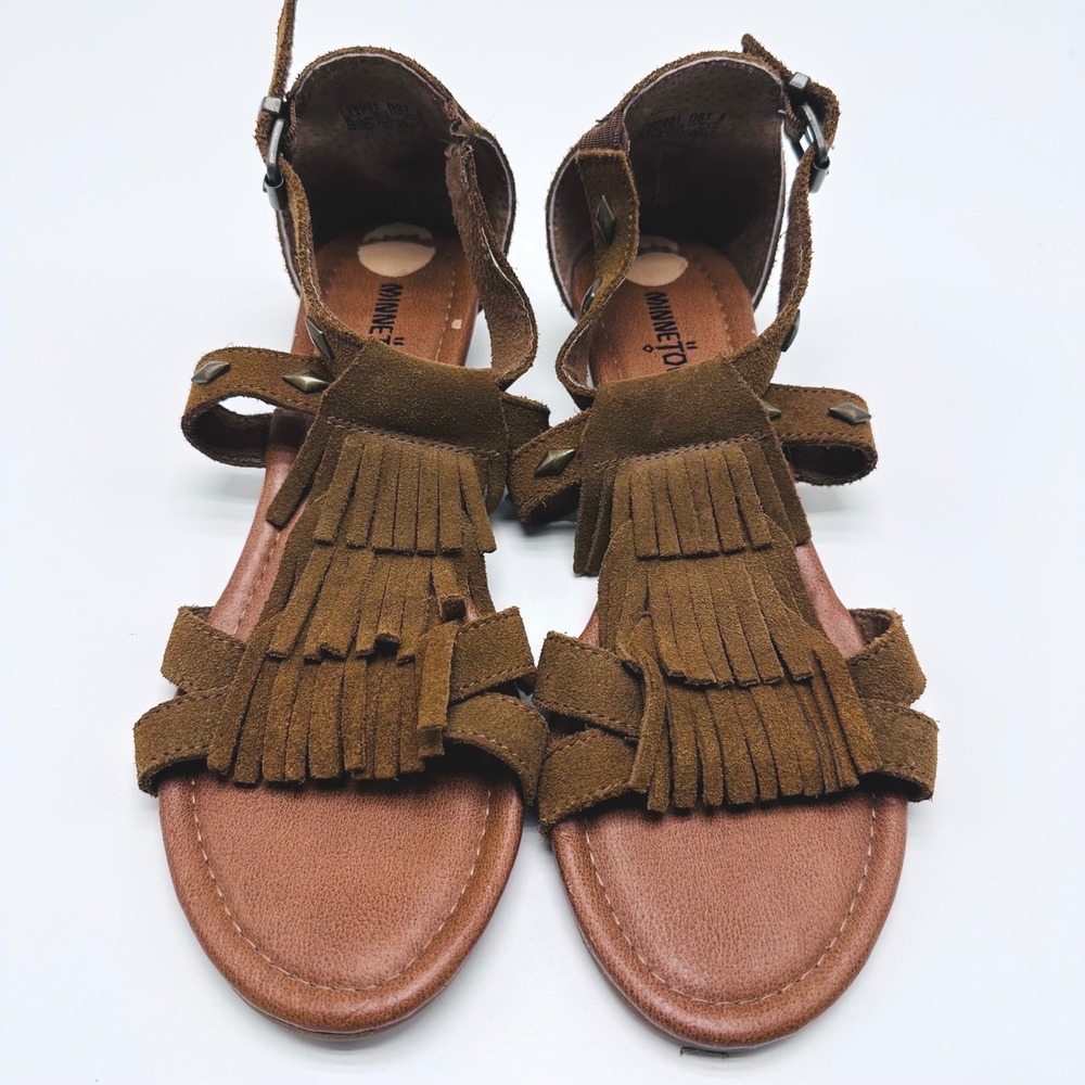 Minnetonka Womens Brown Suede Fringe Wedge Sandals Studded Ankle Strap 799901 8